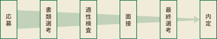 応募、書類選考、適性検査、面談、最終選考、内定